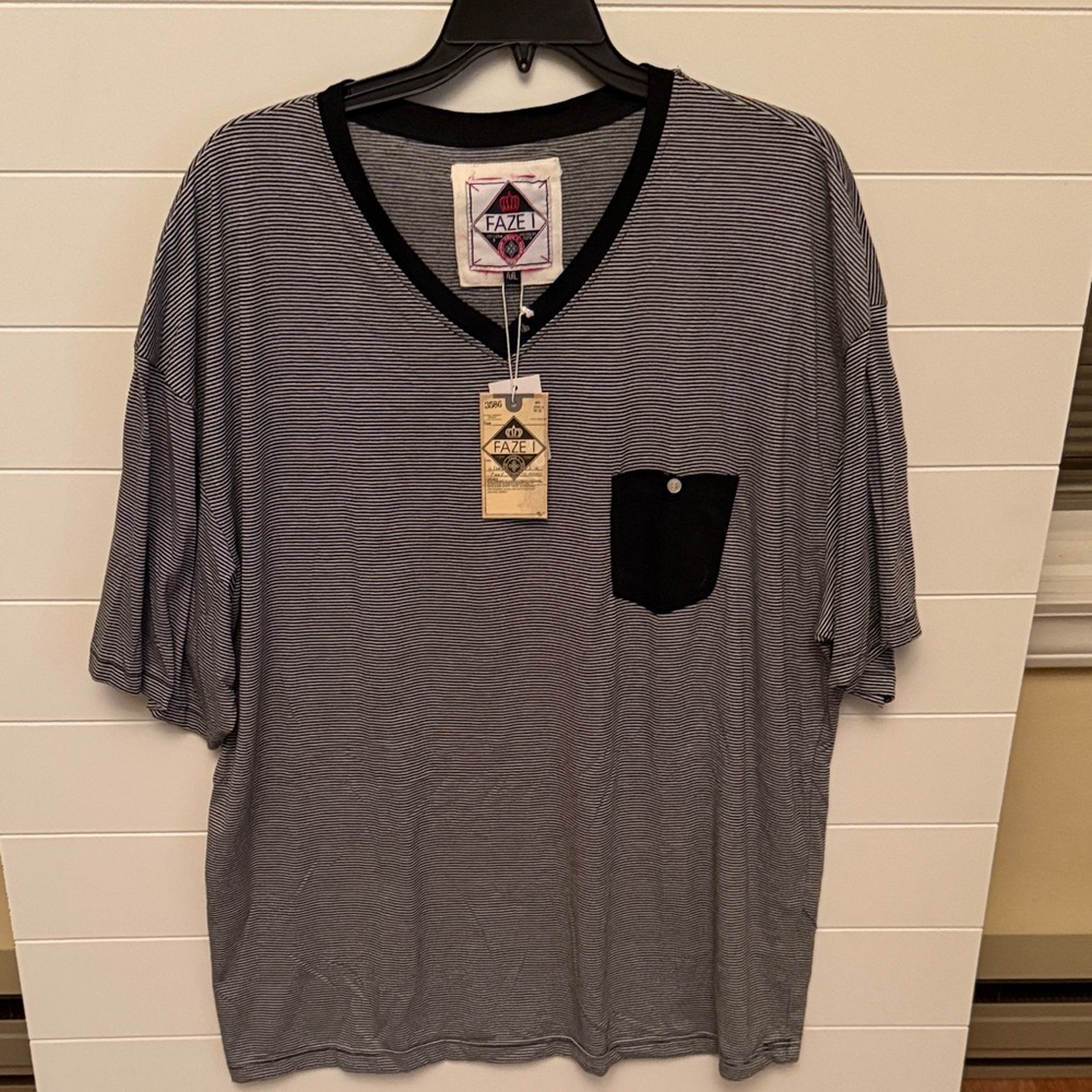 Faze 1 Mens Black White Striped V-Neck Pocket T-Shirt 4XL NEW
